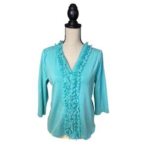 Notations Womens Cardigan Medium Turquoise Ruffle Front 3/4 Sleeve Light Preppy